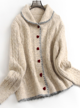 撞色韩系穿搭氛围感显瘦翻领爱心纽扣长袖针织外套长袖女毛衣J361