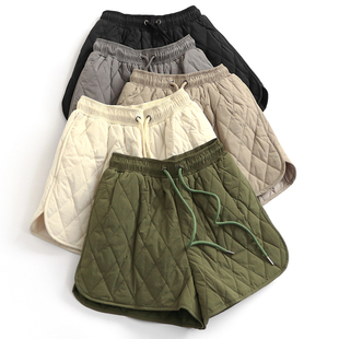 高腰外穿女裤 秋冬新款 B057 系带松紧腰显瘦阔腿裤 纯色绗缝夹棉短裤