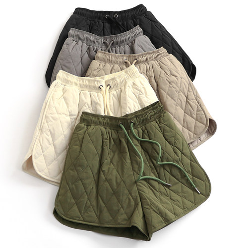 纯色绗缝夹棉短裤高腰外穿女裤