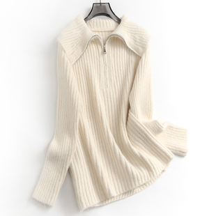 毛衣J379 女装 纯色宽松慵懒软糯半拉链大翻领外穿打底针织线衫 长袖