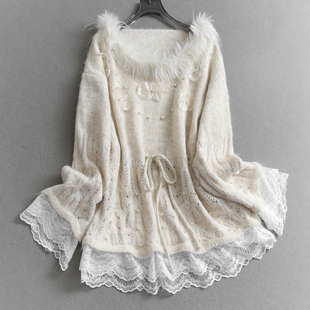 W126 针织衫 甜美风蕾丝拼接立体蝴蝶结大圆领慵懒长袖 毛衣软糯女装