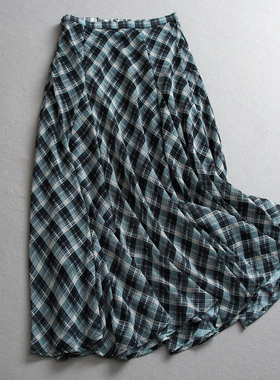 撞色格子高腰显瘦飘逸大摆裙a字伞裙2025夏季新款女裙半身裙Z737