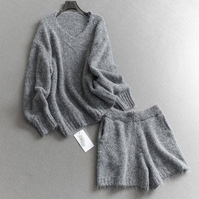 纯色宽松套头毛衣针织短裤套装女