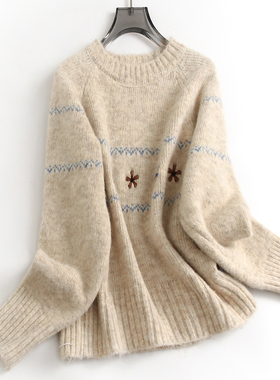 波浪提花刺绣宽松减龄慵懒风插肩袖2024冬季新款针织衫毛衣女H786