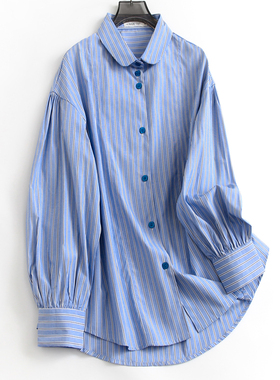 蓝色条纹宽松显瘦小翻领2025春季新款长袖别致百搭休闲女衬衫J591