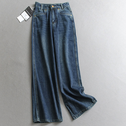 复古水洗磨白高腰宽松直筒牛仔裤