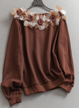 可拆卸欧根纱花朵露肩套头上衣2025秋季新款长袖减龄女装卫衣N850