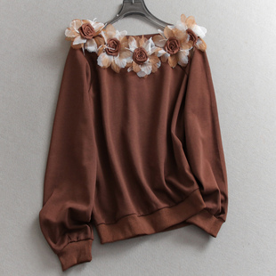 减龄女装 长袖 卫衣N850 新款 可拆卸欧根纱花朵露肩套头上衣2025秋季