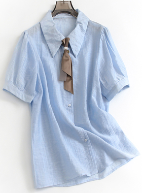 蓝色领结饰宽松显瘦减龄翻领泡泡袖夏季新款百搭短袖女装衬衫S992