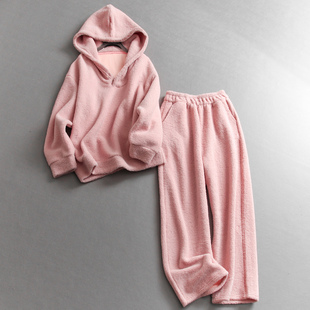 B351 女两件套装 纯色宽松慵懒风毛绒连帽长袖 卫衣一整套穿搭休闲裤