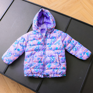 童装 儿童棉服M531 甜美花朵印花连帽花边下摆女童排骨绗缝棉衣冬季