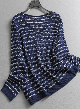 蓝色条纹镂空薄款宽松慵懒圆领2025秋季新款长袖打底女针织衫V449