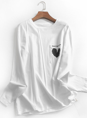 Y288爱心印花宽松中长款圆领减龄慵懒春季新款2022长袖百搭女T恤