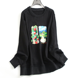 百搭减龄女装 长袖 卫衣J940 新款 黑色俏皮卡通印花宽松圆领2025春季