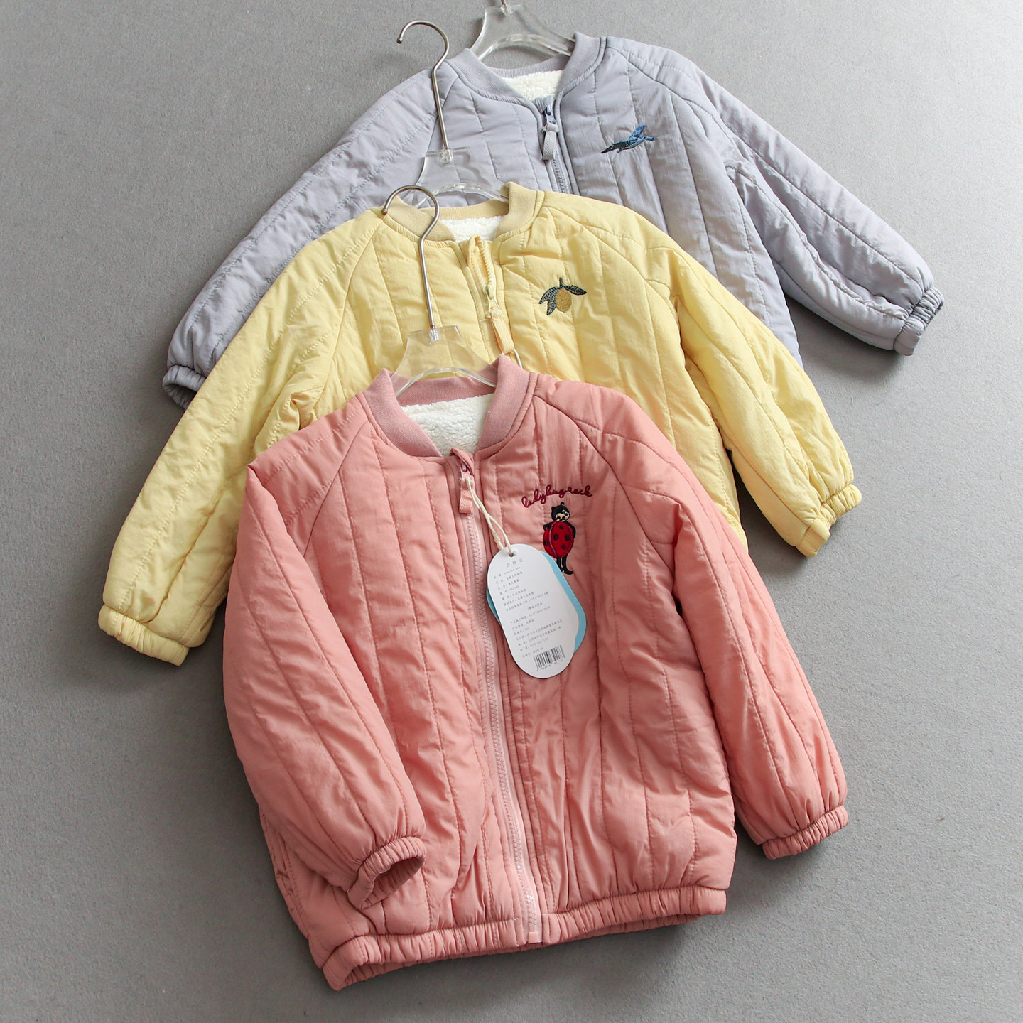 卡通动物刺绣棒球领绗缝儿童棉衣