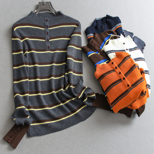 女毛衣Q672 百搭针织衫 撞色条纹显瘦修身 纽扣饰半高领内搭打底长袖