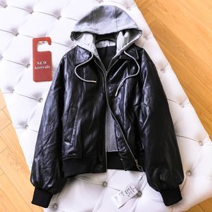 撞色假两件连帽潮酷拼接宽松显瘦夹棉加厚长袖 棉服外套女皮衣M741