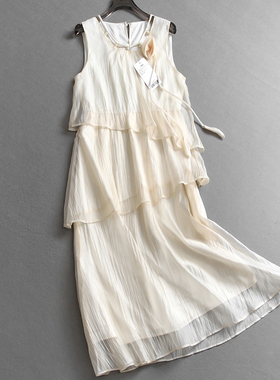 纯色层叠立体花朵串珠圆领无袖背心裙韩系温柔风女长裙连衣裙X975