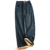 加绒加厚复古磨白高腰显瘦宽松直筒裤 H544 牛仔裤 显腿长阔腿裤 女裤