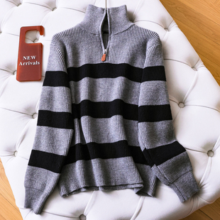 毛衣M920 女装 撞色条纹宽松显瘦半拉链内搭针织打底衫 韩系穿搭长袖