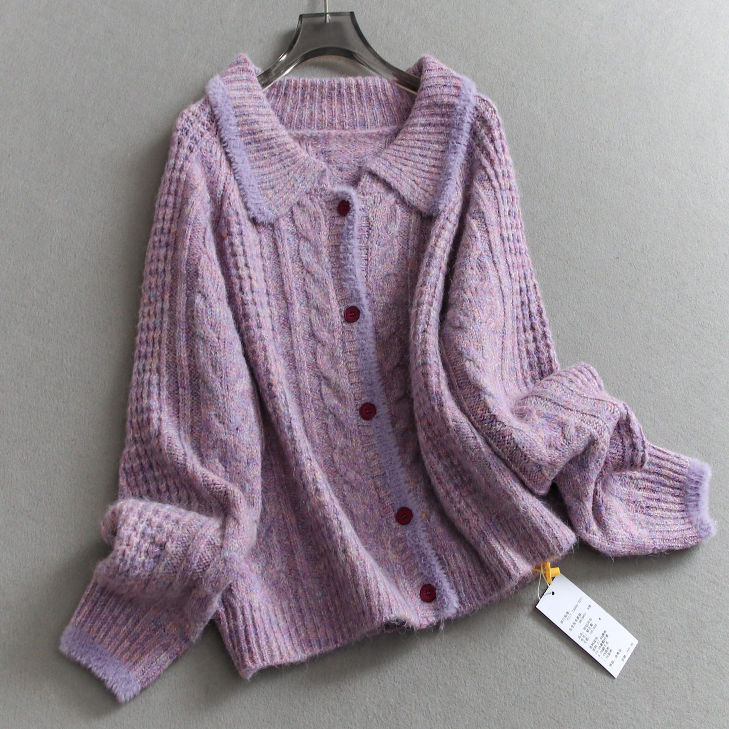 紫色翻领仿貂毛复古绞花加厚毛衣