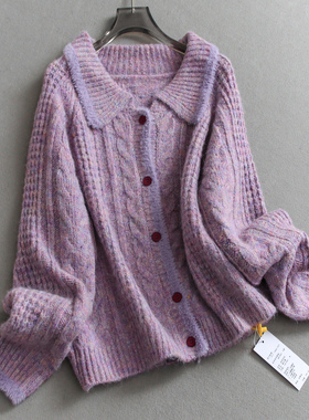 紫色翻领仿貂毛复古绞花加厚毛衣2025冬季新款长袖女装针织衫M965