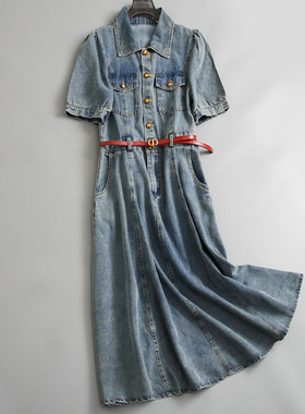 「X版型缓解身材焦虑」工装风翻盖口袋收腰泡泡袖牛仔连衣裙K990