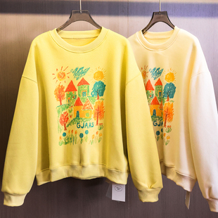 彩绘涂鸦印花加绒加厚宽松显瘦圆领韩系减龄长袖 卫衣M185 套头女装