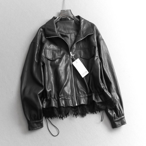 短款微廓剪裁翻领机车服女皮衣