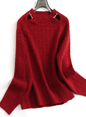 安可拉红亮丝绞花镂空钉珠圆领插肩袖套头针织线衫长袖女毛衣H824