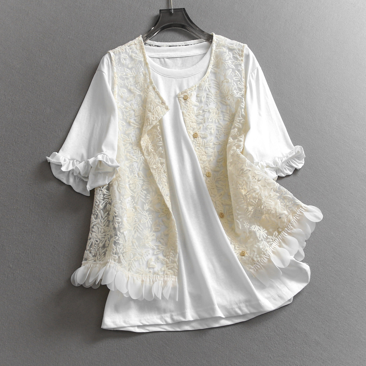 刺绣蕾丝马甲一整套穿搭纯色圆领荷叶边显瘦短袖T恤两件套女R320