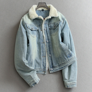 流浪怀旧风毛绒翻领磨白宽松夹棉加厚长袖 女牛仔外套棉衣棉服M962