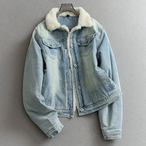 流浪怀旧风毛绒翻领磨白棉衣棉服