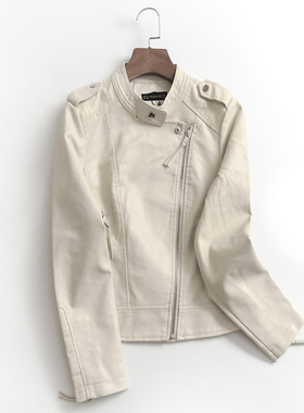 H006纯色显瘦短款外套上衣圆领拉链春季新款2023机车服长袖女皮衣