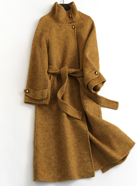 纯色双面羊绒大衣立领系带收腰过膝长款秋冬新长袖女毛呢外套F583