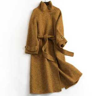 纯色双面羊绒大衣立领系带收腰过膝长款 女毛呢外套F583 秋冬新长袖