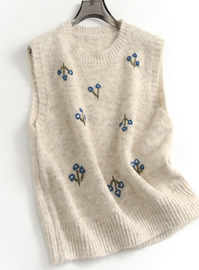 刺绣图案宽松显瘦软糯毛衣马甲女秋冬内搭叠穿针织背心女马夹F701