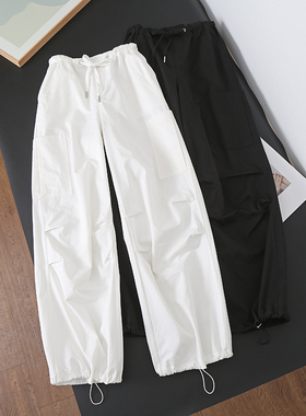 纯色降落伞工装裤2025秋季新款口袋抽绳宽松休闲束脚阔腿长裤V821