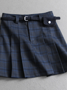 配腰带学院风格子高腰显瘦a字百褶裙2025秋季新款女裙半身裙V395