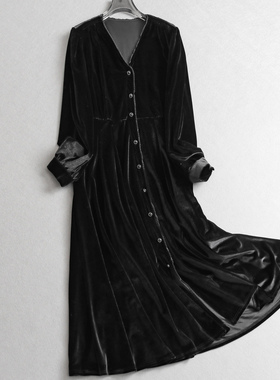 精致花边V领丝绒显瘦百搭小黑裙长袖弹力松紧收腰女裙连衣裙M134