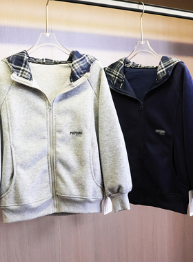 格纹拼接连帽插肩袖纯色宽松儿童卫衣2025秋季新款外套男童N718