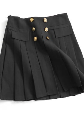 纯色高腰双排扣显瘦修身百褶裙减龄学院风春季新款半身裙短裙N635