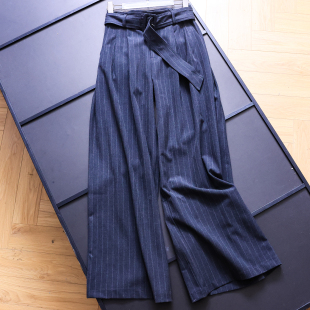 女裤 「带腰带」通勤竖条纹高腰宽松阔腿裤 裤 职场风西装 B086 休闲裤