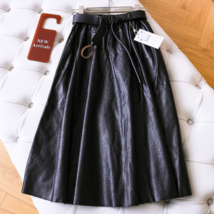 「配腰带」松紧腰显瘦高腰a字裙中长款 优雅伞裙女半身裙皮裙Q198