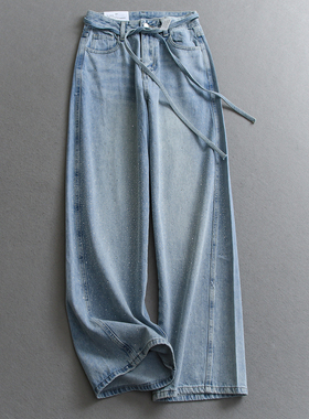 爆闪烫钻系带高腰显瘦宽松阔腿裤2026春季新款直筒牛仔裤女裤W629