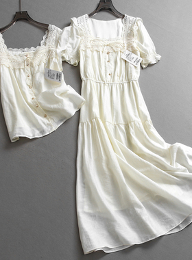 纯色蕾丝拼接方领系带法式风泡泡短袖松紧腰显瘦减龄女连衣裙Z821