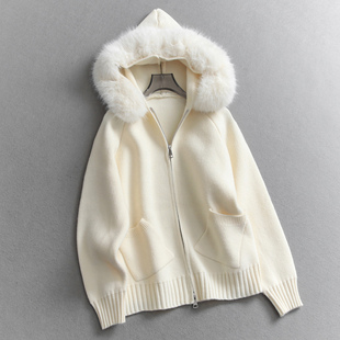 可拆卸毛领连帽纯色宽松插肩袖毛衣外套显瘦长袖女装针织开衫Q587