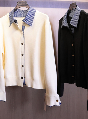 格纹衬衫领拼接假两件单排扣2025秋季新款长袖毛衣女针织开衫B716