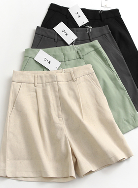 纯色简约显瘦高腰遮跨宽松阔腿裤秋冬新款通勤麻短裤女休闲裤F409