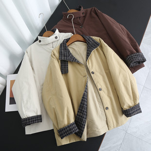 棉衣外套女M214 长袖 韩系格纹棉袄拼接宽松保暖棉服2025冬季 新款